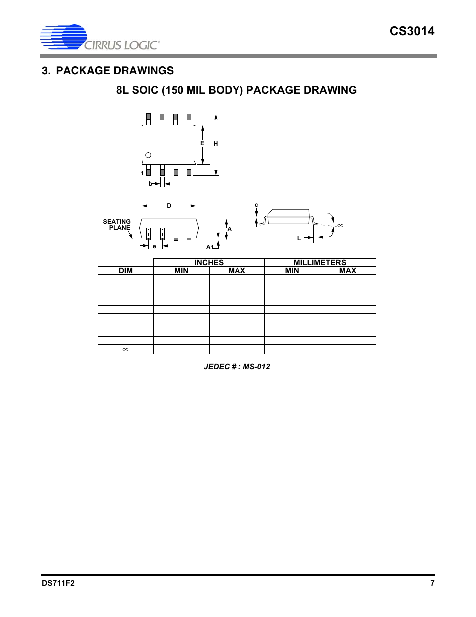 Package drawings, Cs3014, 8l soic (150 mil body) package drawing | Cirrus Logic CS3014 User Manual | Page 7 / 10