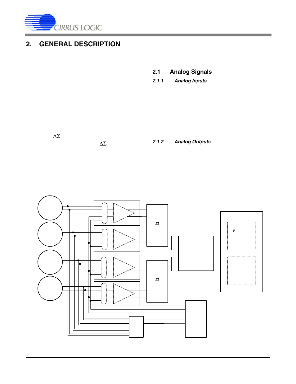 General description, 1 analog signals, 1 analog inputs | 2 analog outputs, Analog signals, Analog inputs 2.3.2. analog outputs, Figure 3. multi-channel system architecture, Cs3301a | Cirrus Logic CS3301A User Manual | Page 9 / 16