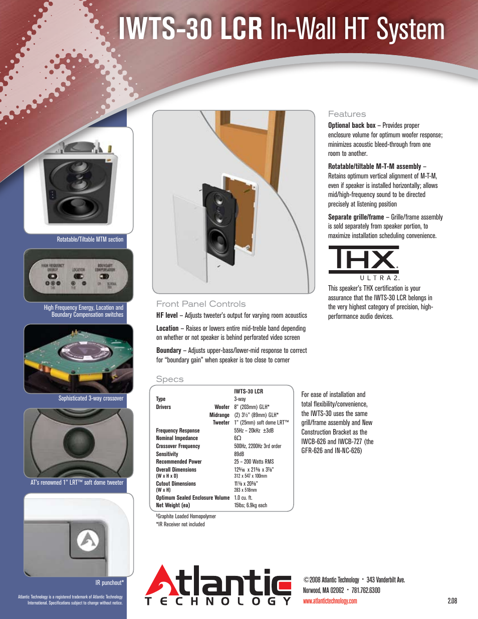Iwts-30 lcr in-wall ht system, Specs, Front panel controls | Features | Atlantic Technology IWTS-30 LCR User Manual | Page 2 / 2