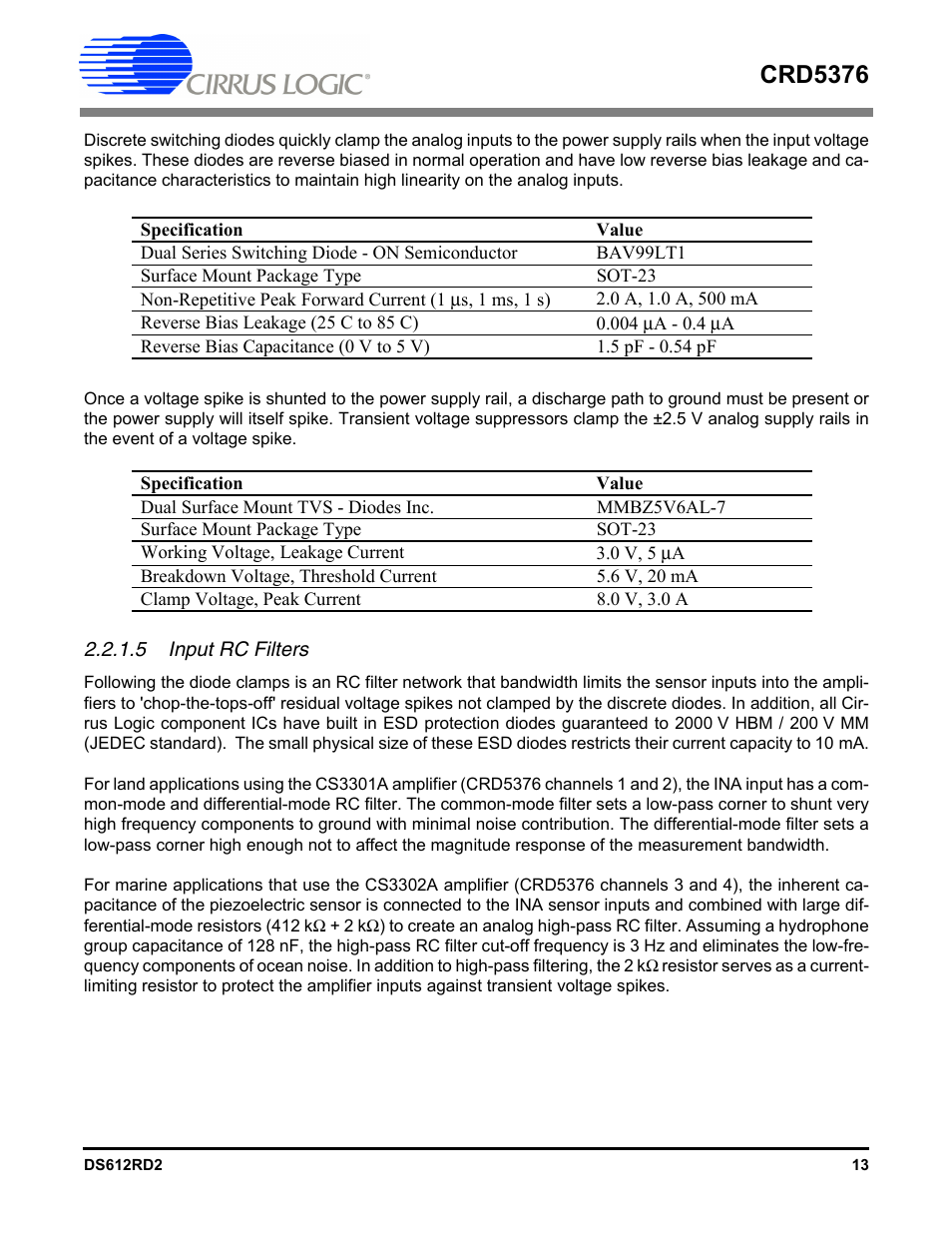 5 input rc filters, Crd5376 | Cirrus Logic CRD5376 User Manual | Page 13 / 68