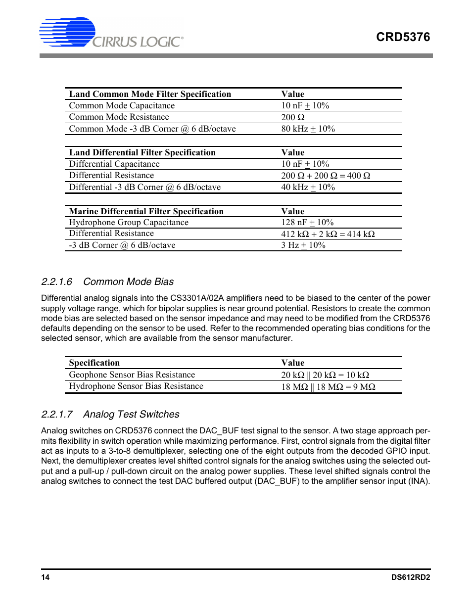 6 common mode bias, 7 analog test switches, Crd5376 | Cirrus Logic CRD5376 User Manual | Page 14 / 68