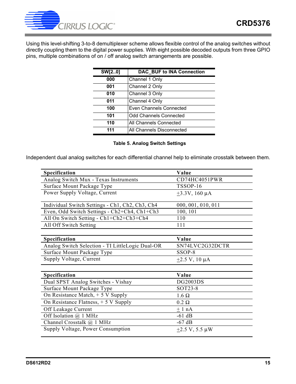 Table 5. analog switch settings, Crd5376 | Cirrus Logic CRD5376 User Manual | Page 15 / 68
