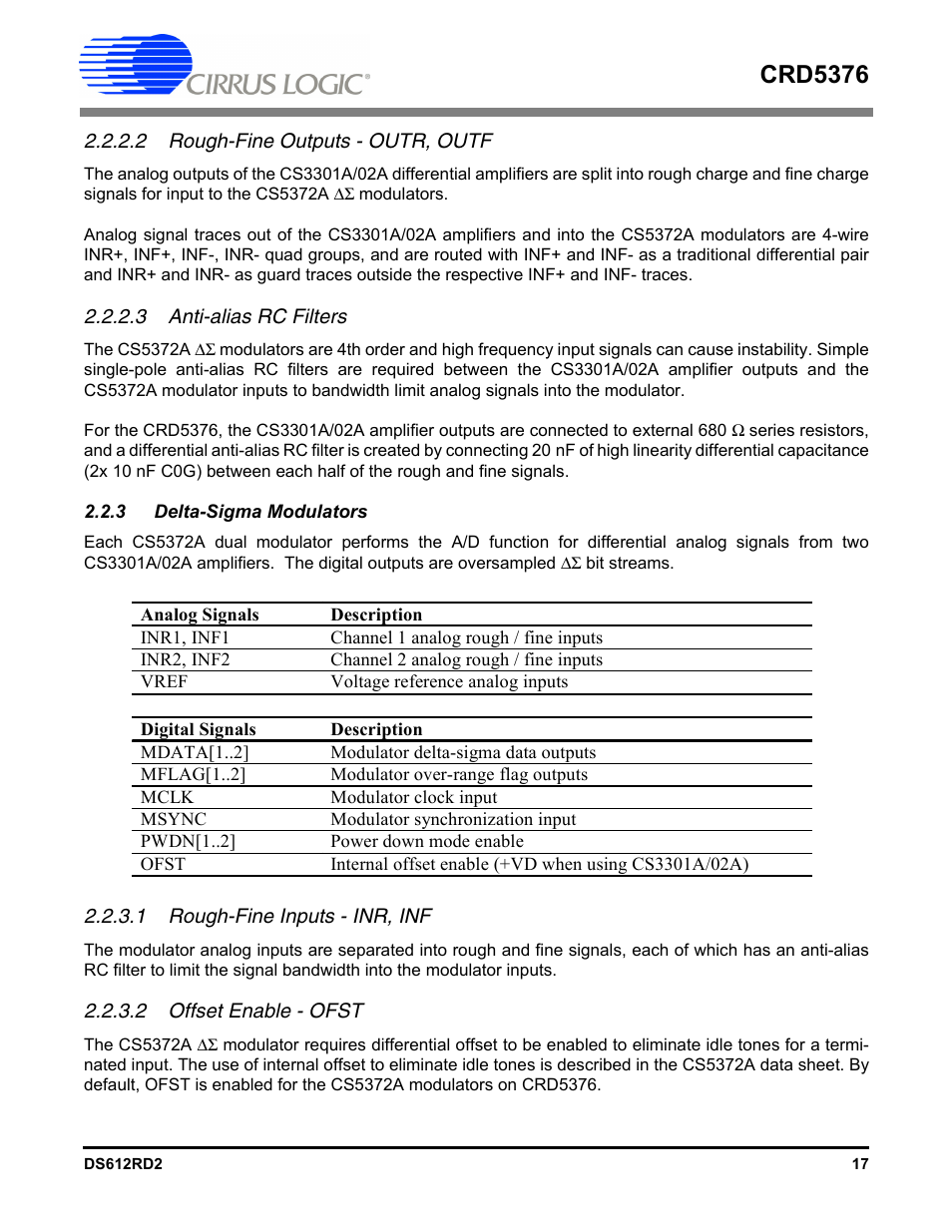 2 rough-fine outputs - outr, outf, 3 anti-alias rc filters, 3 delta-sigma modulators | 1 rough-fine inputs - inr, inf, 2 offset enable - ofst, Crd5376 | Cirrus Logic CRD5376 User Manual | Page 17 / 68