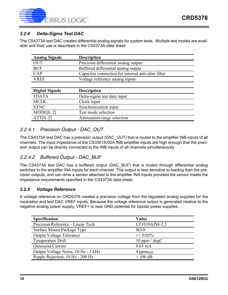 4 delta-sigma test dac, 1 precision output - dac_out, 2 buffered output - dac_buf | 5 voltage reference, 4 delta-sigma test dac 2.2.5 voltage reference, Crd5376 | Cirrus Logic CRD5376 User Manual | Page 18 / 68
