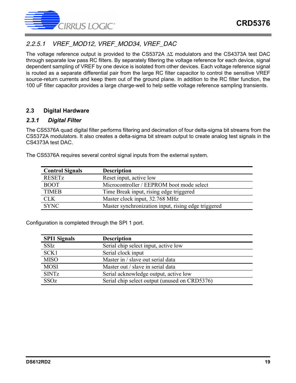 1 vref_mod12, vref_mod34, vref_dac, 3 digital hardware, 1 digital filter | Crd5376 | Cirrus Logic CRD5376 User Manual | Page 19 / 68