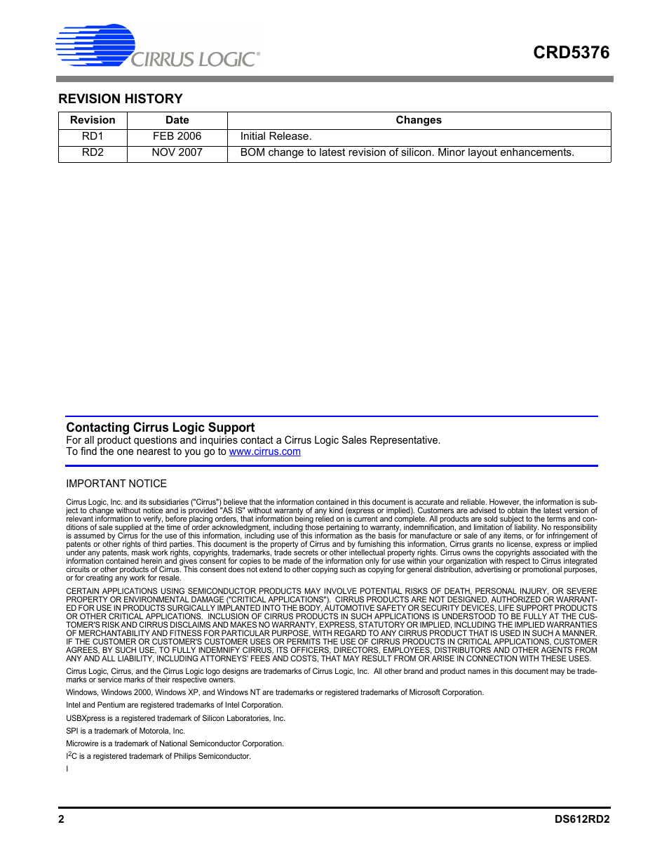 Crd5376, Revision history, Contacting cirrus logic support | Cirrus Logic CRD5376 User Manual | Page 2 / 68