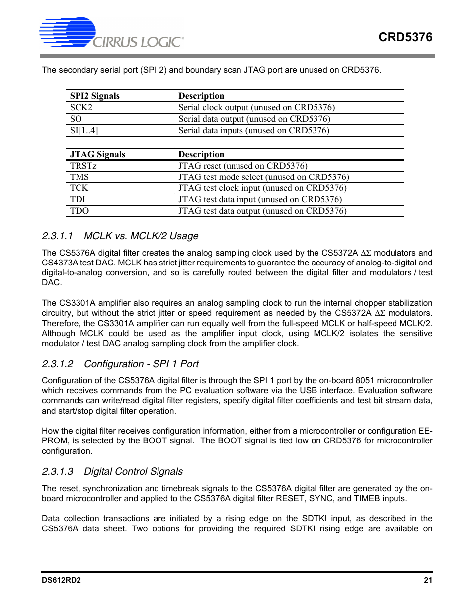 1 mclk vs. mclk/2 usage, 2 configuration - spi 1 port, 3 digital control signals | Crd5376 | Cirrus Logic CRD5376 User Manual | Page 21 / 68