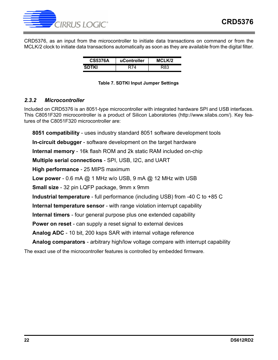 2 microcontroller, Table 7. sdtki input jumper settings, Crd5376 | Cirrus Logic CRD5376 User Manual | Page 22 / 68
