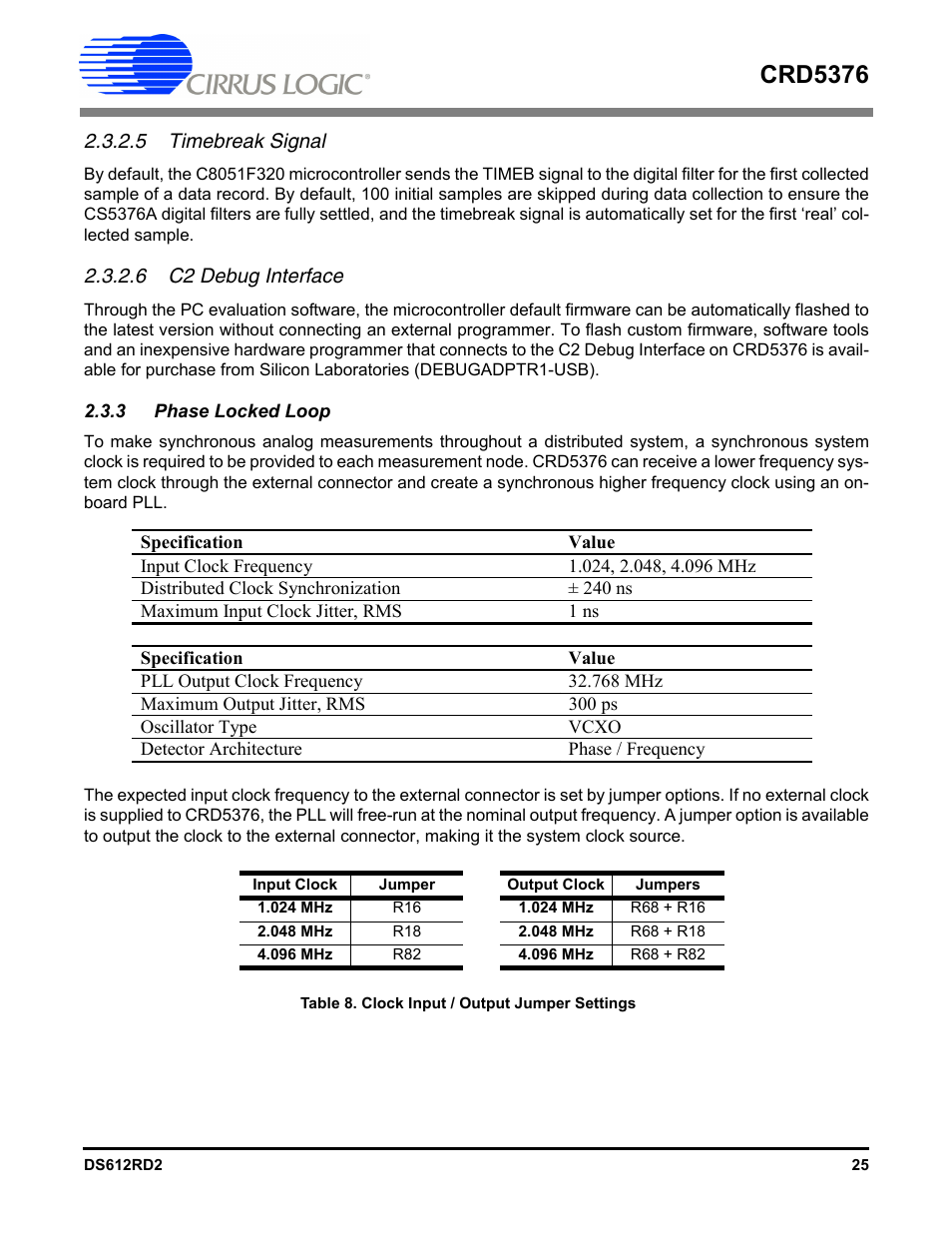 5 timebreak signal, 6 c2 debug interface, 3 phase locked loop | Table 8. clock input / output jumper settings, Crd5376 | Cirrus Logic CRD5376 User Manual | Page 25 / 68