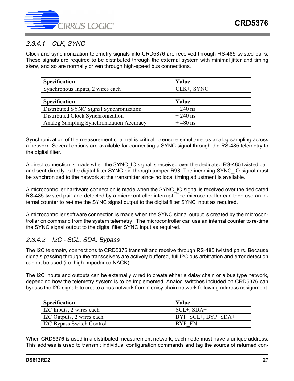 1 clk, sync, 2 i2c - scl, sda, bypass, Crd5376 | Cirrus Logic CRD5376 User Manual | Page 27 / 68