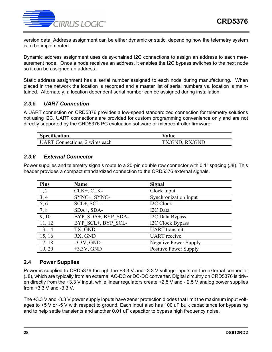 5 uart connection, 6 external connector, 4 power supplies | 5 uart connection 2.3.6 external connector, Crd5376 | Cirrus Logic CRD5376 User Manual | Page 28 / 68