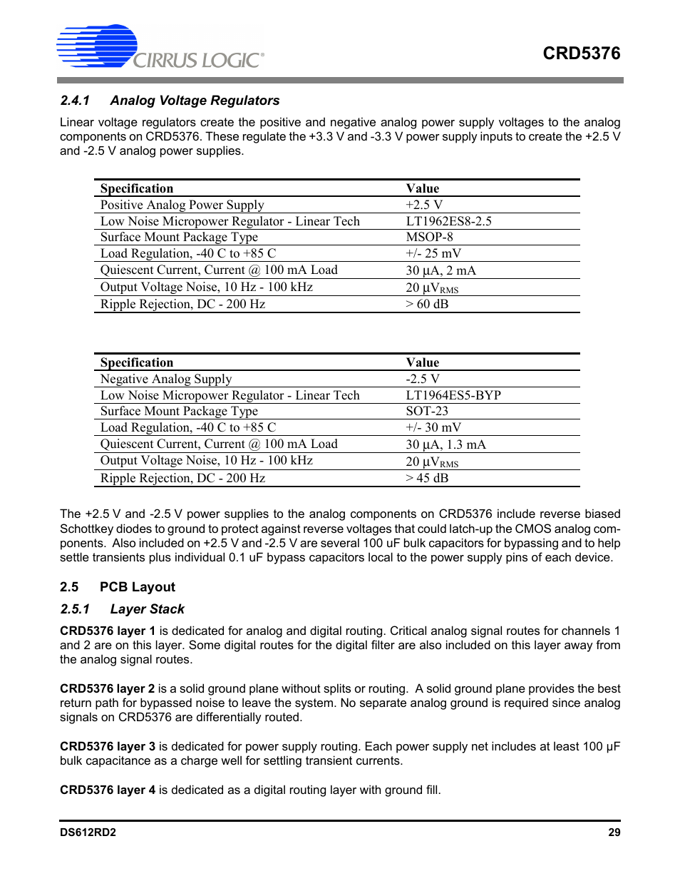 1 analog voltage regulators, 5 pcb layout, 1 layer stack | Crd5376 | Cirrus Logic CRD5376 User Manual | Page 29 / 68