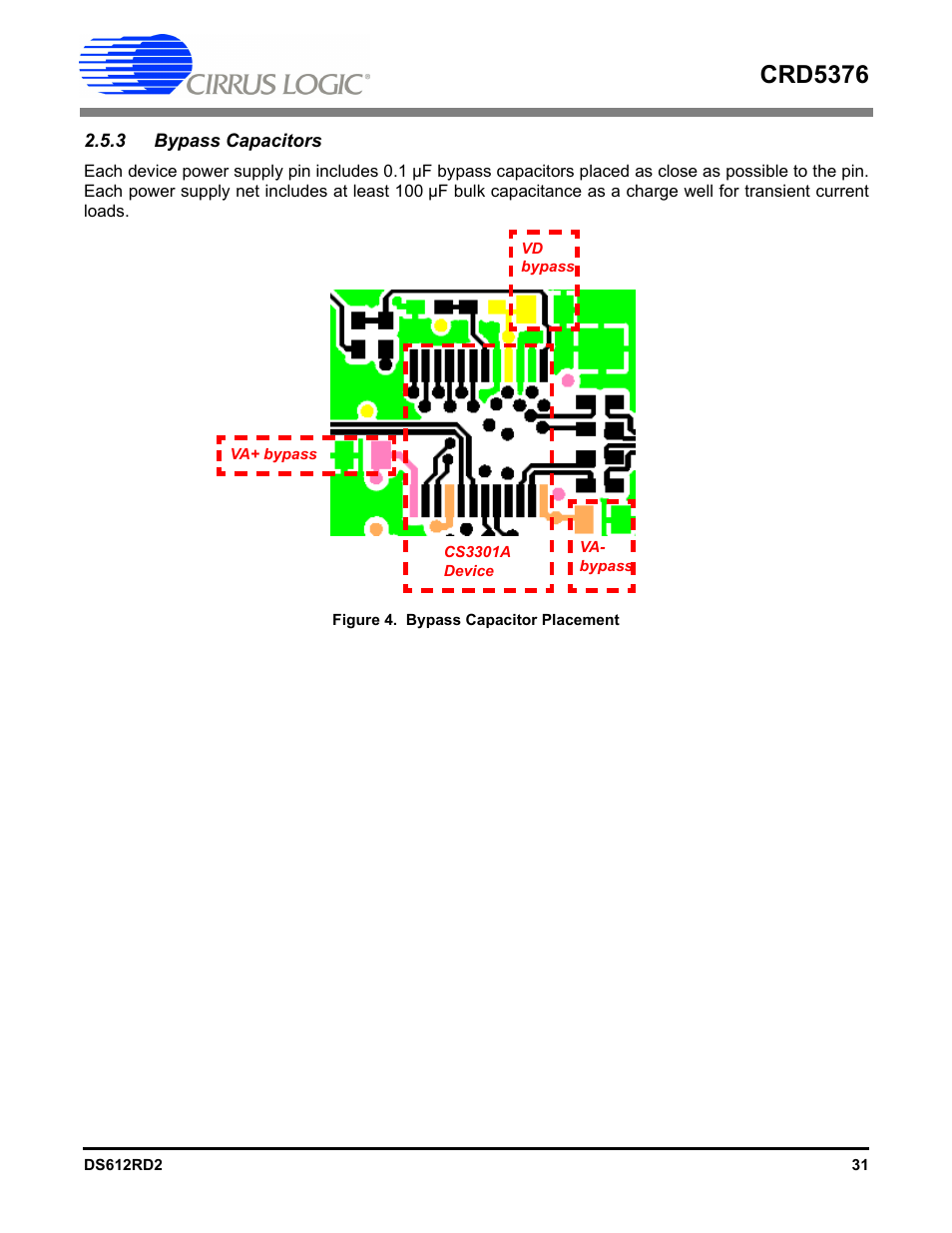 3 bypass capacitors, Figure 4. bypass capacitor placement, Crd5376 | Cirrus Logic CRD5376 User Manual | Page 31 / 68