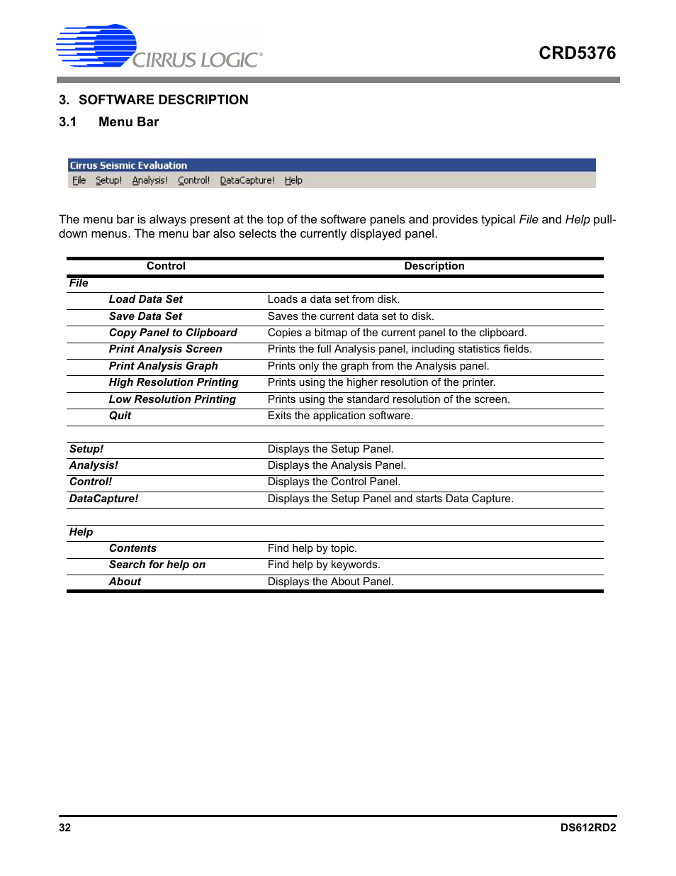 Software description, 1 menu bar, Crd5376 | Cirrus Logic CRD5376 User Manual | Page 32 / 68