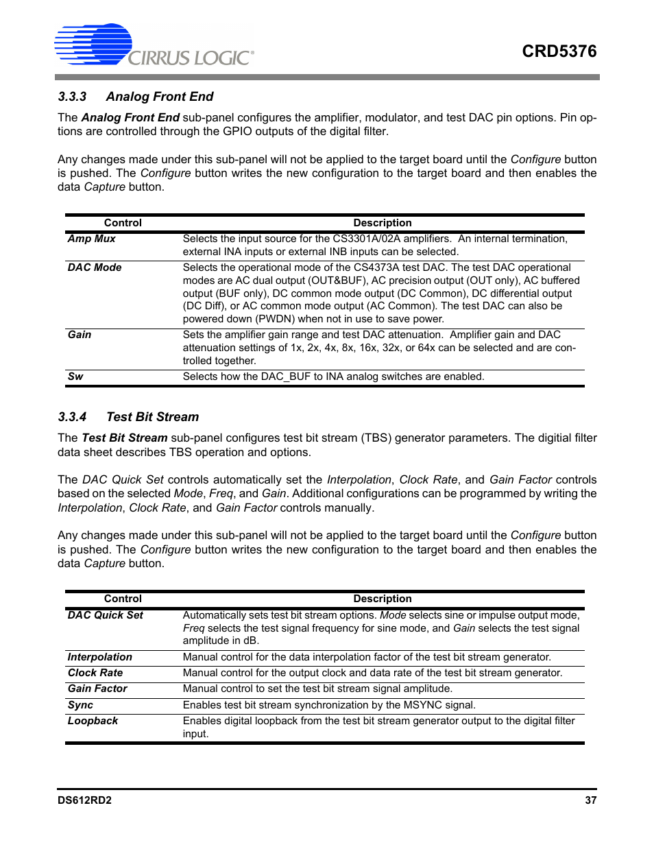 3 analog front end, 4 test bit stream, 3 analog front end 3.3.4 test bit stream | Crd5376 | Cirrus Logic CRD5376 User Manual | Page 37 / 68