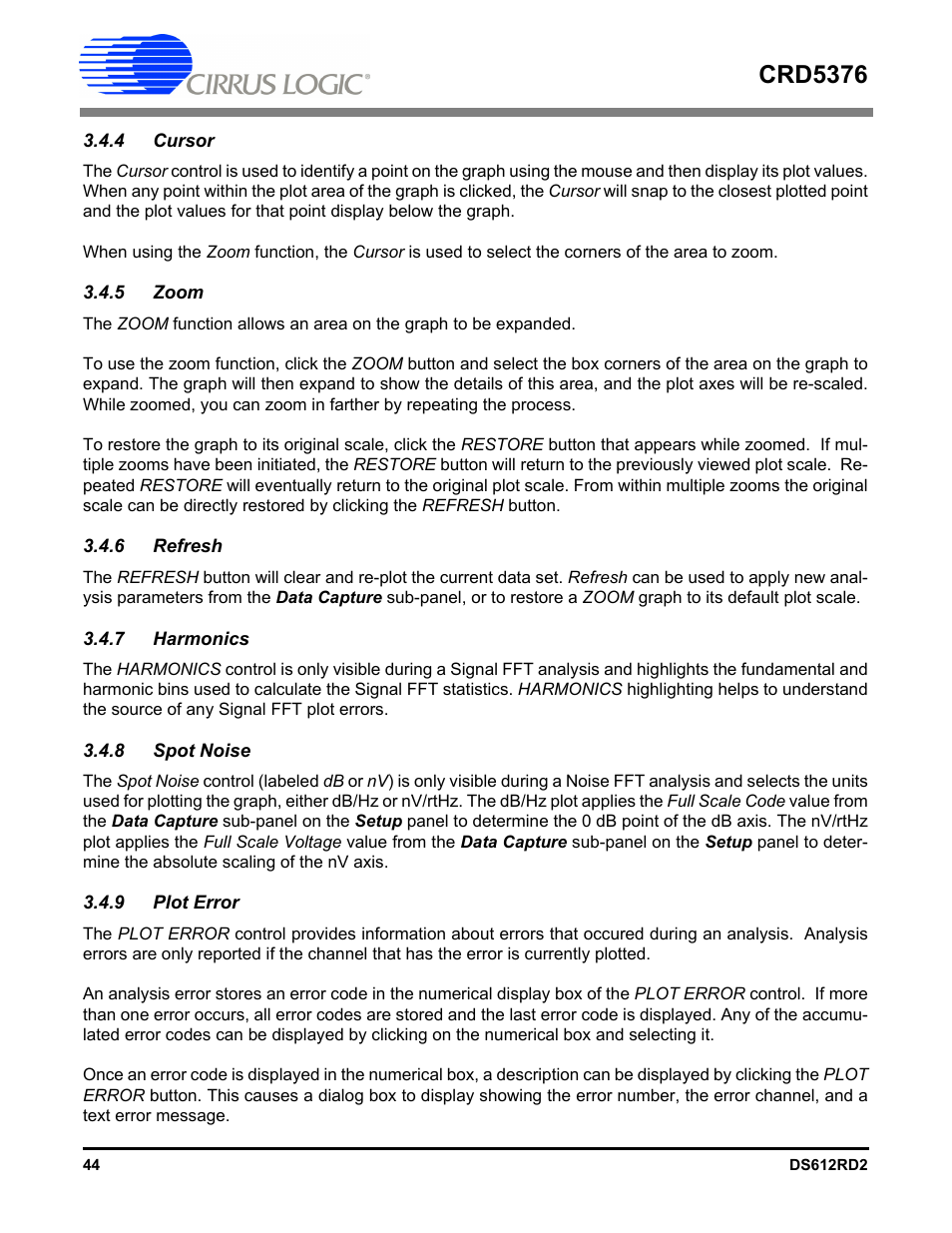 4 cursor, 5 zoom, 6 refresh | 7 harmonics, 8 spot noise, 9 plot error, 4 cursor 3.4.5 zoom 3.4.6 refresh, 7 harmonics 3.4.8 spot noise 3.4.9 plot error, Crd5376 | Cirrus Logic CRD5376 User Manual | Page 44 / 68