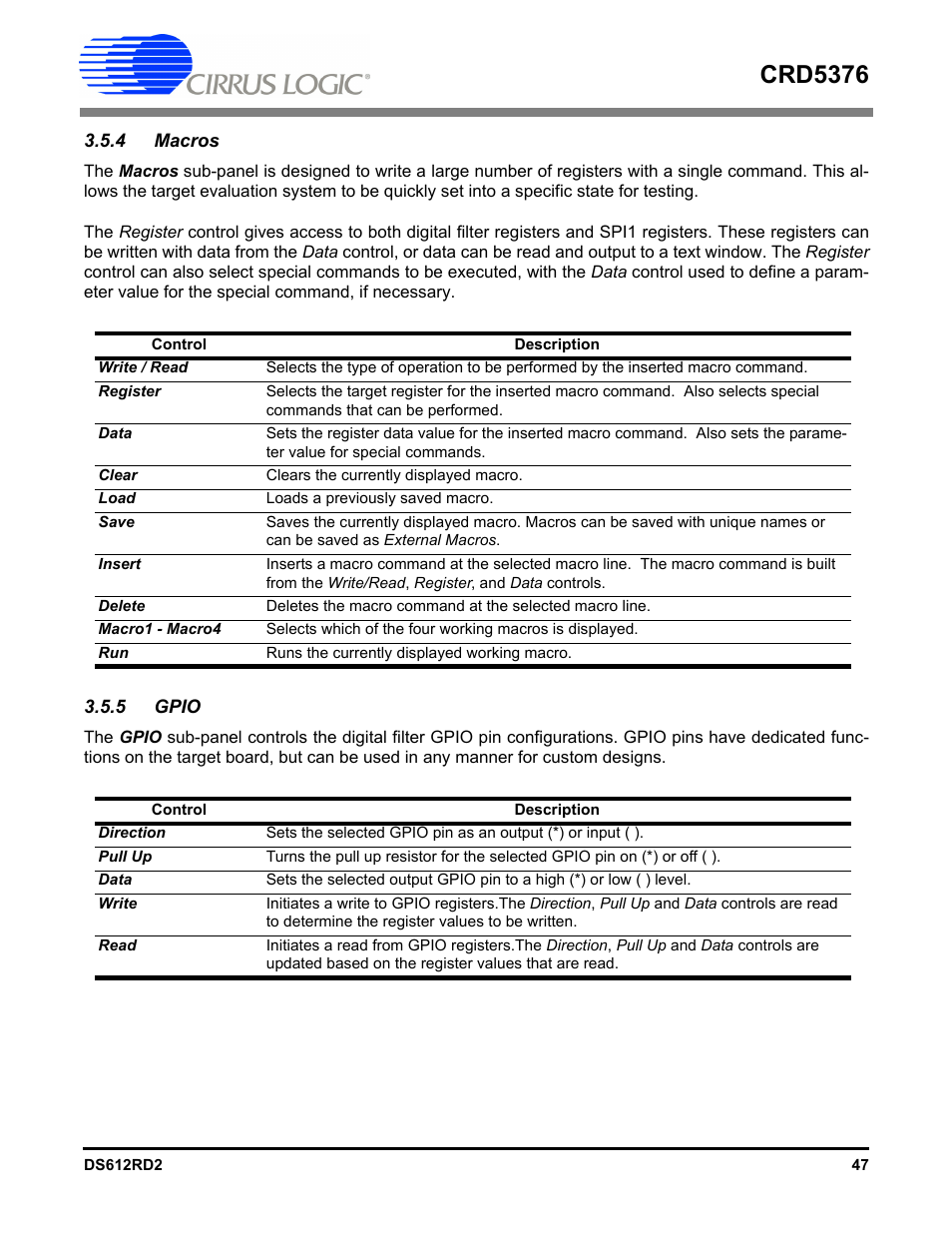 4 macros, 5 gpio, 4 macros 3.5.5 gpio | Crd5376 | Cirrus Logic CRD5376 User Manual | Page 47 / 68