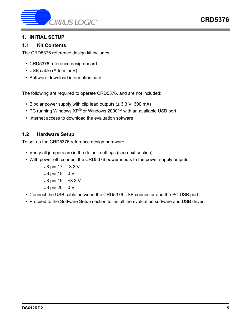 Initial setup, 1 kit contents, 2 hardware setup | 1 kit contents 1.2 hardware setup, Crd5376 | Cirrus Logic CRD5376 User Manual | Page 5 / 68