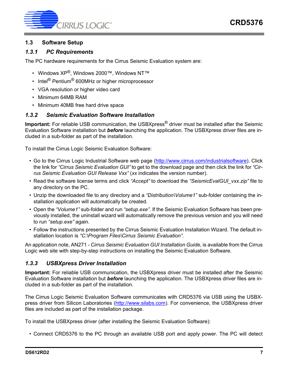 3 software setup, 1 pc requirements, 2 seismic evaluation software installation | 3 usbxpress driver installation, Crd5376 | Cirrus Logic CRD5376 User Manual | Page 7 / 68