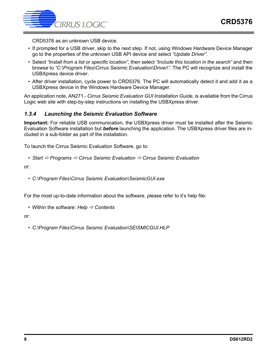 4 launching the seismic evaluation software, Crd5376 | Cirrus Logic CRD5376 User Manual | Page 8 / 68