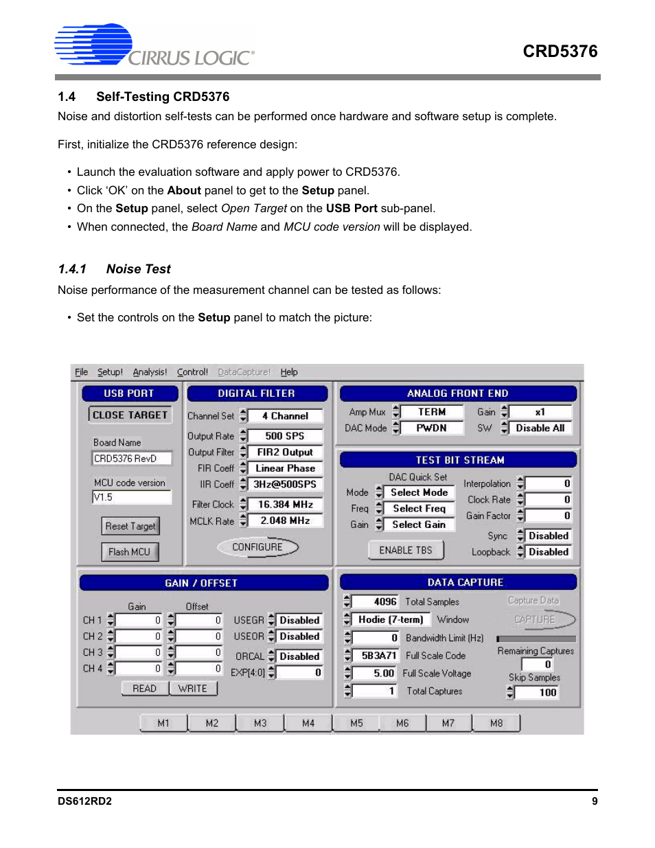 4 self-testing crd5376, 1 noise test, Crd5376 | Cirrus Logic CRD5376 User Manual | Page 9 / 68