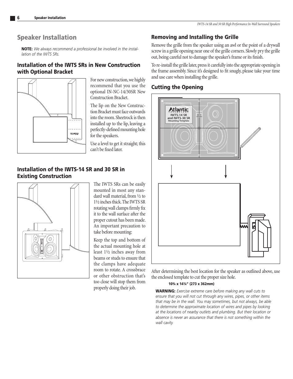 Speaker installation, Removing and installing the grille, Cutting the opening | Atlantic Technology IWTS-14 SR User Manual | Page 6 / 8