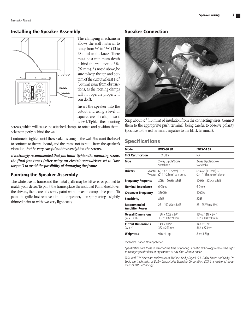 Specifications, Installing the speaker assembly, Painting the speaker assembly | Speaker connection | Atlantic Technology IWTS-14 SR User Manual | Page 7 / 8