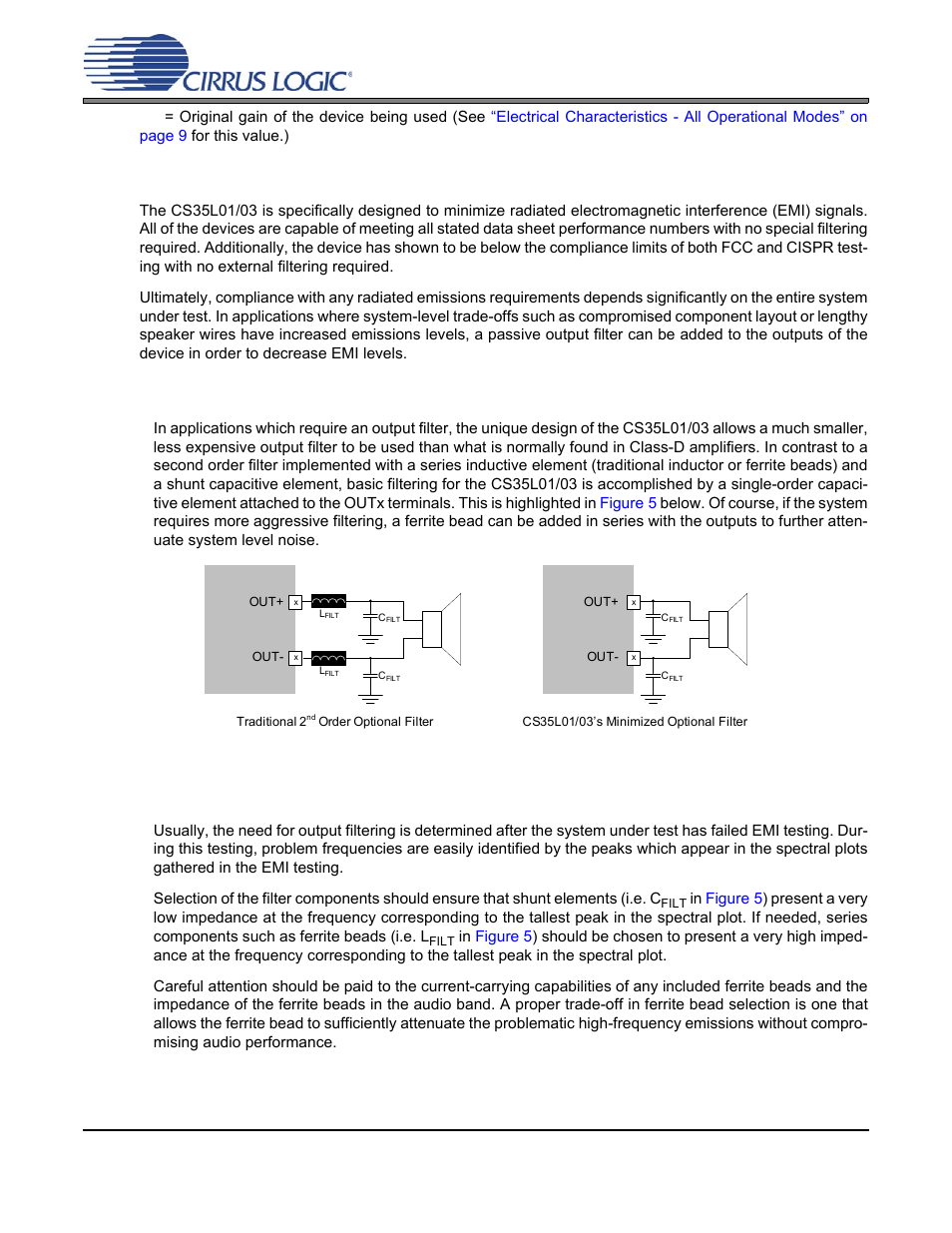 3 output filtering with the cs35l01/03, 1 reduced filter order with the cs35l01/03, 2 filter component selection | Figure 5. optional output filter components | Cirrus Logic CS35L03 User Manual | Page 17 / 33