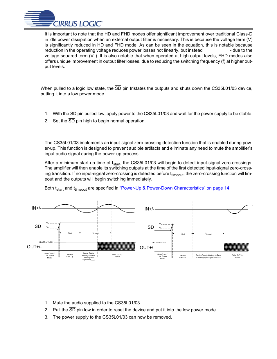 4 power-up and power-down, 1 recommended power-up sequence, 2 recommended power-down sequence | 1 zero-crossing on power-up functionality, And t | Cirrus Logic CS35L03 User Manual | Page 19 / 33