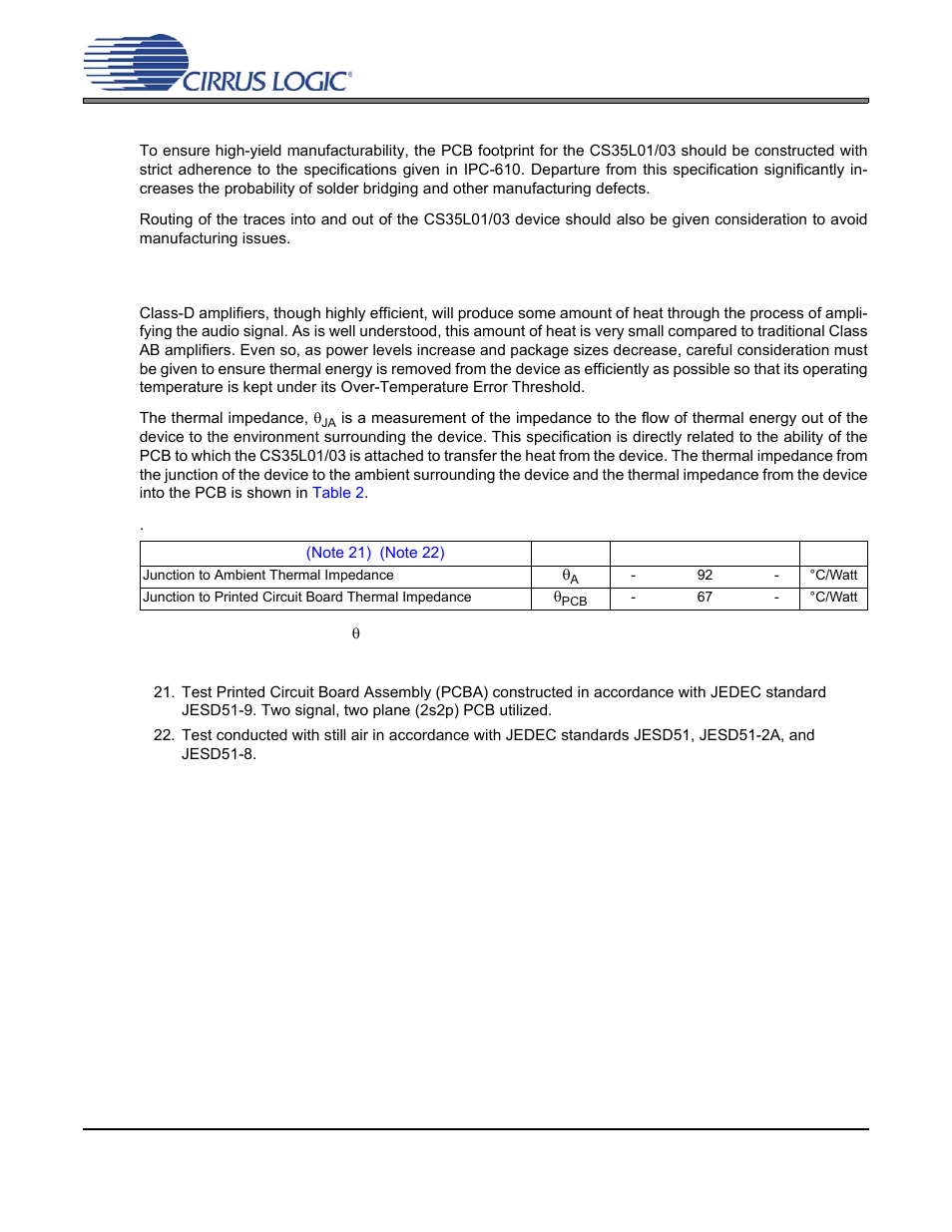 3 package thermal performance, Table 2 | Cirrus Logic CS35L03 User Manual | Page 31 / 33
