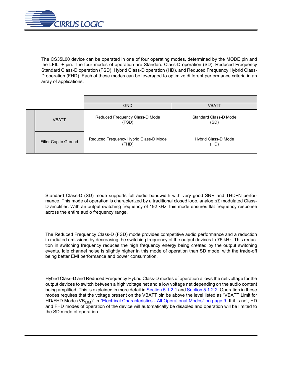Applications, 1 mode descriptions, 1 standard class d modes of operation | 2 hybrid class d modes of operation, Cs35l00 | Cirrus Logic CS35L00 User Manual | Page 15 / 34