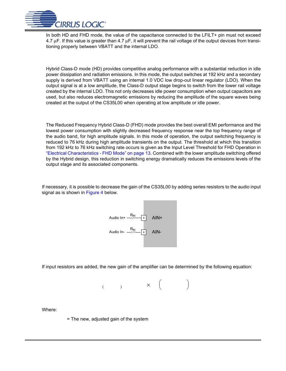 2 reducing the gain with external series resistors, Section 5.1.2.1, Section 5.1.2.2 | Cs35l00 | Cirrus Logic CS35L00 User Manual | Page 16 / 34