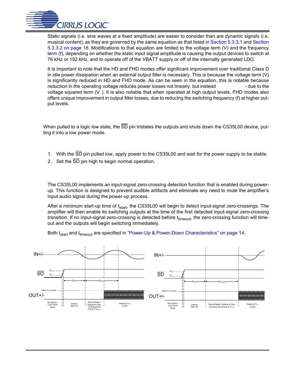 4 power-up and power-down, 1 recommended power-up sequence, Cs35l00 | 1 zero crossing on power-up functionality, And t | Cirrus Logic CS35L00 User Manual | Page 19 / 34