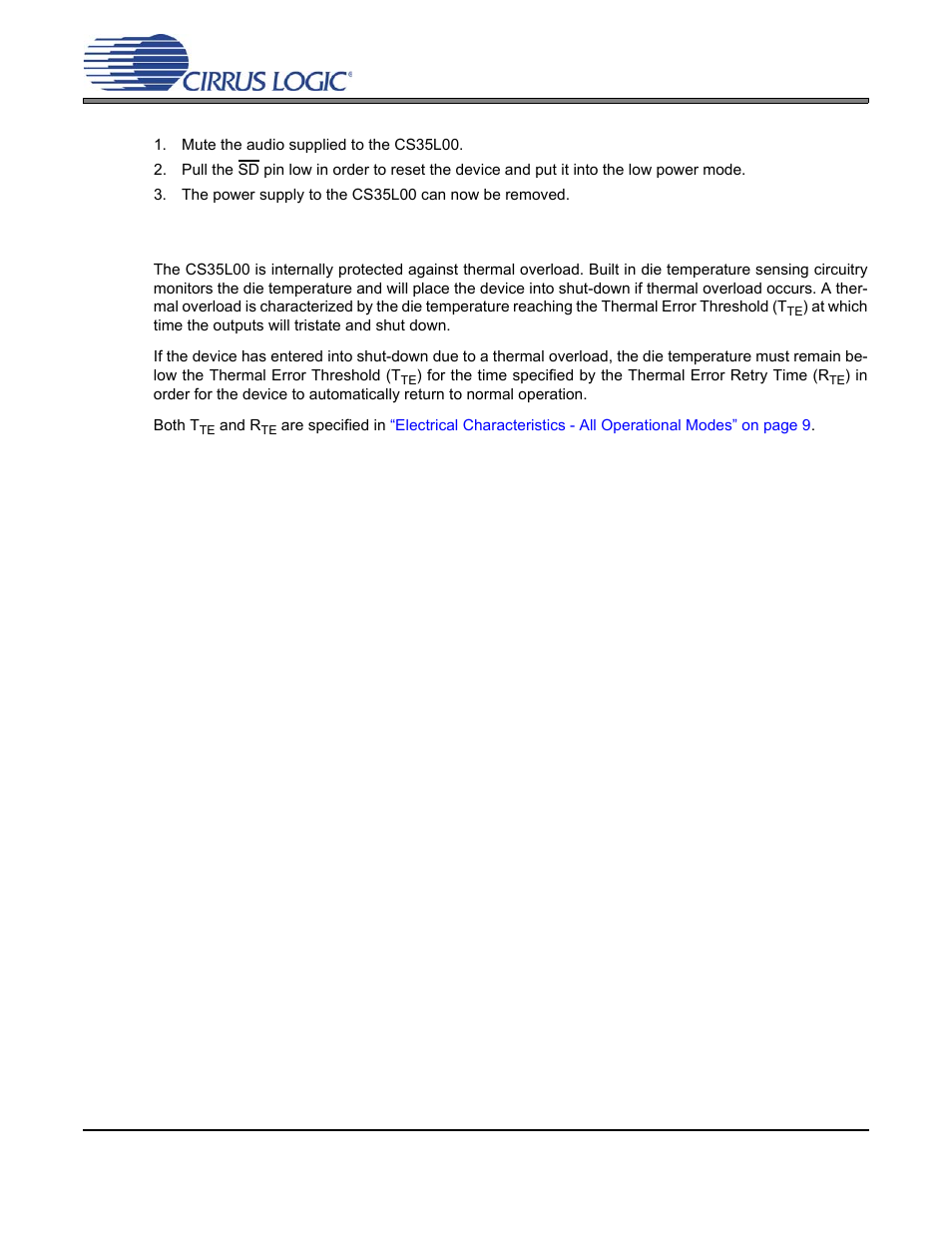 2 recommended power-down sequence, 5 over temperature protection, Section 5.5 | Cs35l00 | Cirrus Logic CS35L00 User Manual | Page 20 / 34