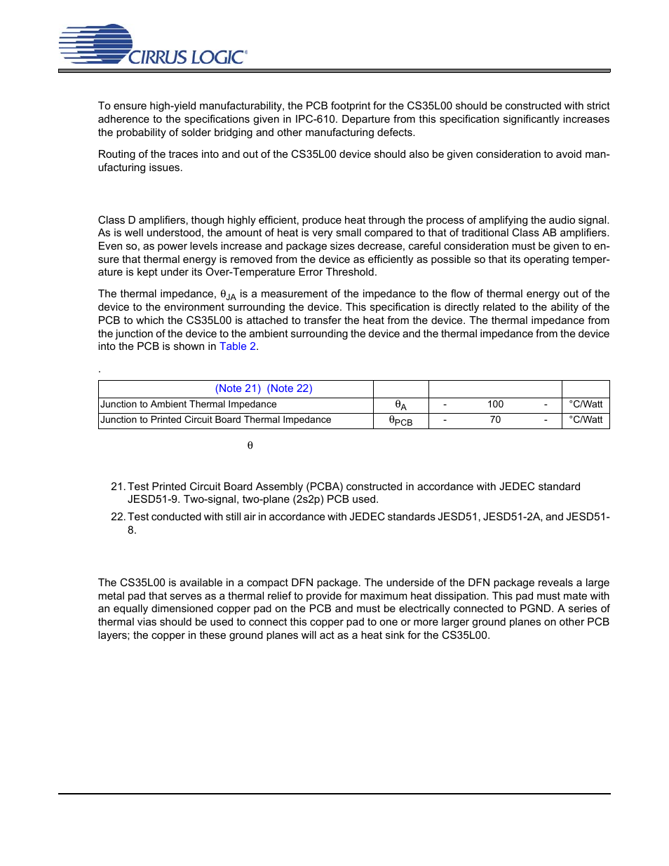 3 package thermal performance, 4 dfn thermal pad, Cs35l00 | Cirrus Logic CS35L00 User Manual | Page 31 / 34