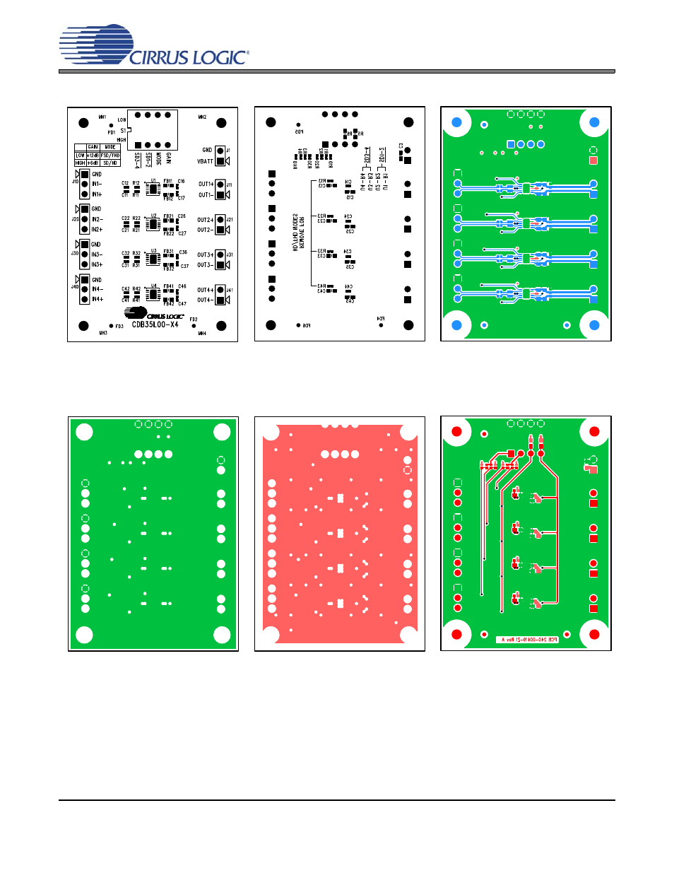 Cdb layout, Figure 5. cdb35l00-x4 top side component placement, Figure 7. cdb35l00-x4 layer 1 copper | Figure 8. cdb35l00-x4 layer 2 copper, Figure 9. cdb35l00-x4 layer 3 copper, Figure 10. cdb35l00-x4 layer 4 copper, Figure 5 | Cirrus Logic CDB35L00-X4 User Manual | Page 11 / 12