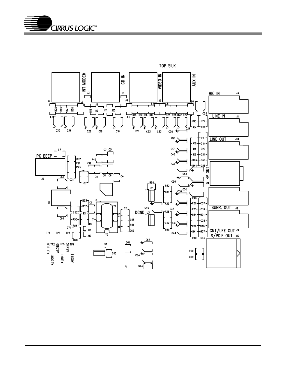 Figure 14. pcb layout: top silkscreen, Pcb layout: top silkscreen | Cirrus Logic CRD4202-1 User Manual | Page 20 / 24