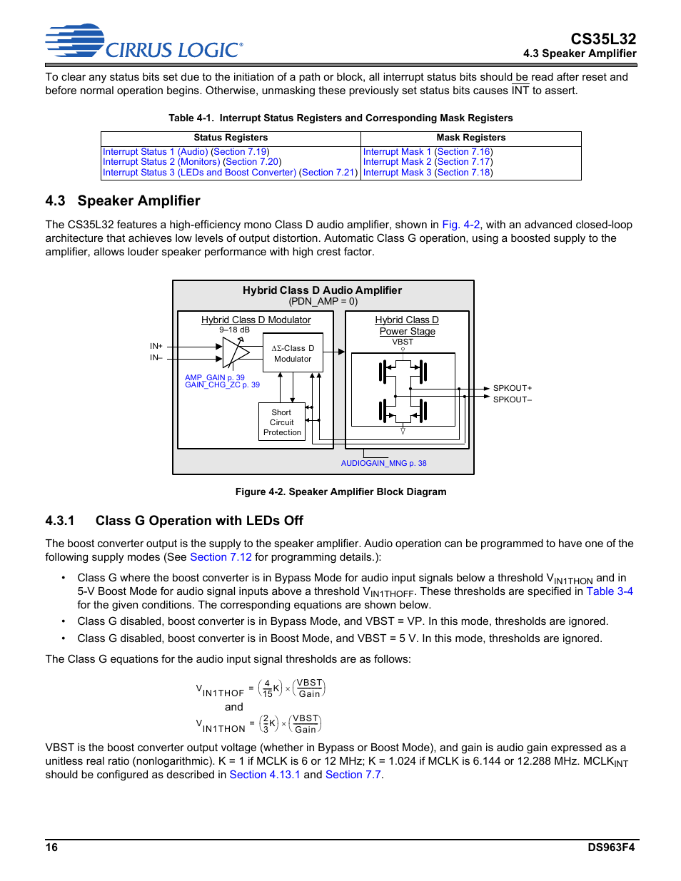 3 speaker amplifier, 1 class g operation with leds off, Gisters | Table 4-1, Section 4.3, Cs35l32 | Cirrus Logic CS35L32 User Manual | Page 16 / 51