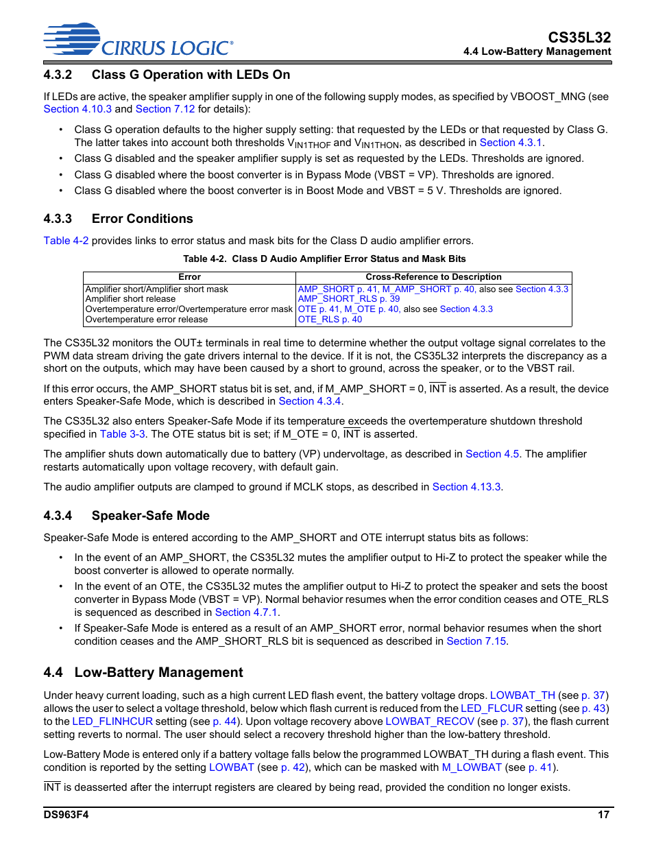 2 class g operation with leds on, 3 error conditions, 4 speaker-safe mode | 4 low-battery management, Section 4.4, Cs35l32 | Cirrus Logic CS35L32 User Manual | Page 17 / 51