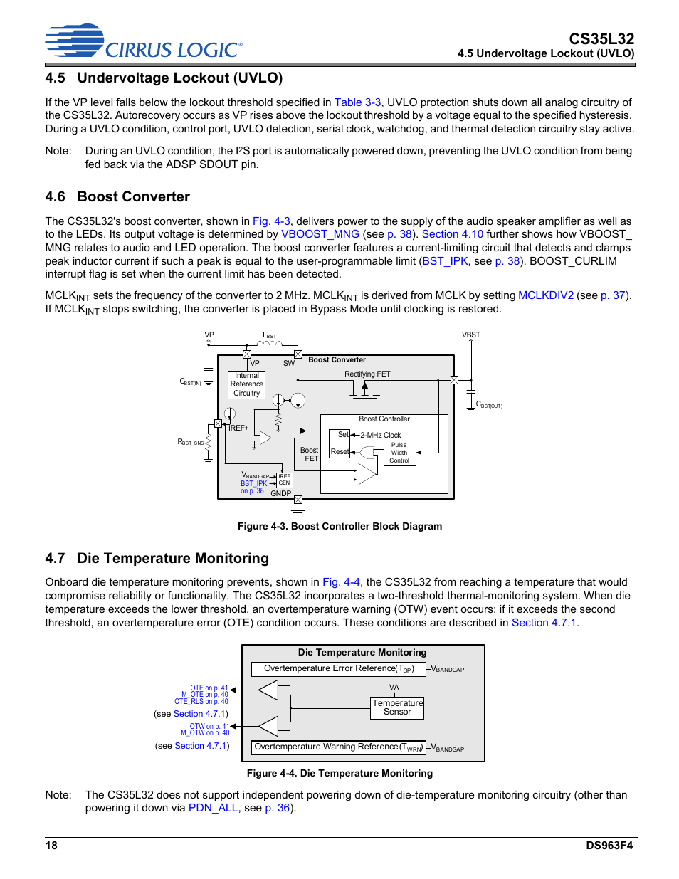 5 undervoltage lockout (uvlo), 6 boost converter, 7 die temperature monitoring | Section 4.7, Section 4.6, Boost converter, Ed in, Section 4.5, Cs35l32 | Cirrus Logic CS35L32 User Manual | Page 18 / 51