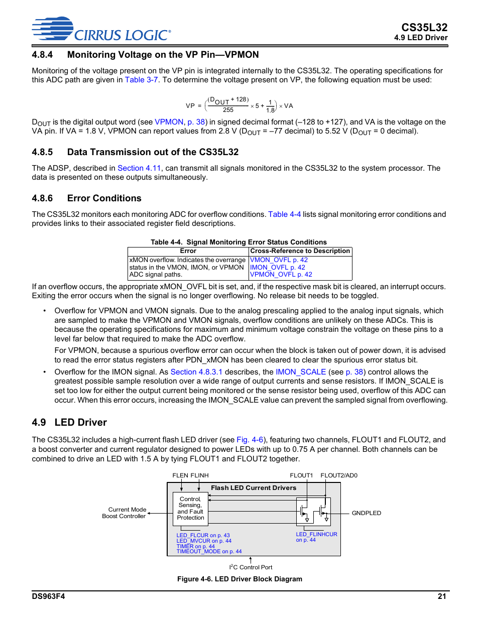 4 monitoring voltage on the vp pin—vpmon, 5 data transmission out of the cs35l32, 6 error conditions | 9 led driver, Section 4.8.4, Section 4.9, Led driver, Cs35l32 | Cirrus Logic CS35L32 User Manual | Page 21 / 51