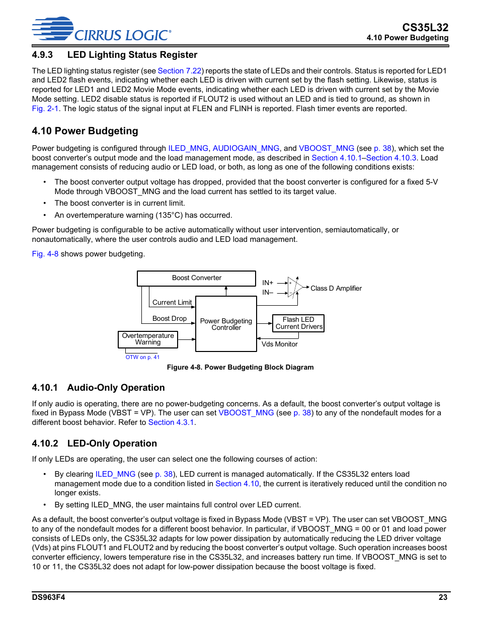 3 led lighting status register, 10 power budgeting, 1 audio-only operation | 2 led-only operation, Section 4.10, Power, Budgeting, Cs35l32 | Cirrus Logic CS35L32 User Manual | Page 23 / 51