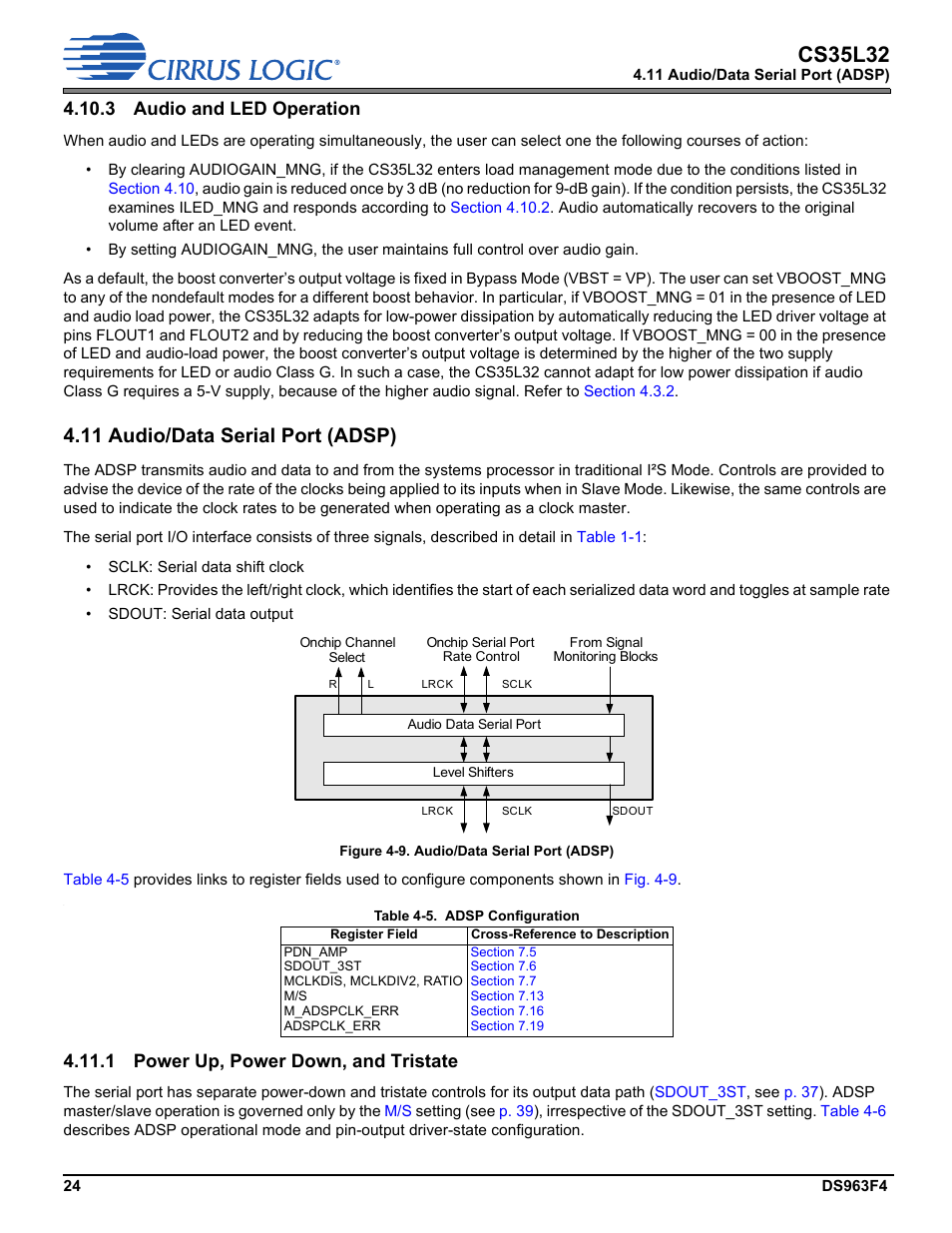 3 audio and led operation, 11 audio/data serial port (adsp), 1 power up, power down, and tristate | Section 4.11, Audio/data, Serial port, Adsp), Section 4.10.3, Described in, Cs35l32 | Cirrus Logic CS35L32 User Manual | Page 24 / 51