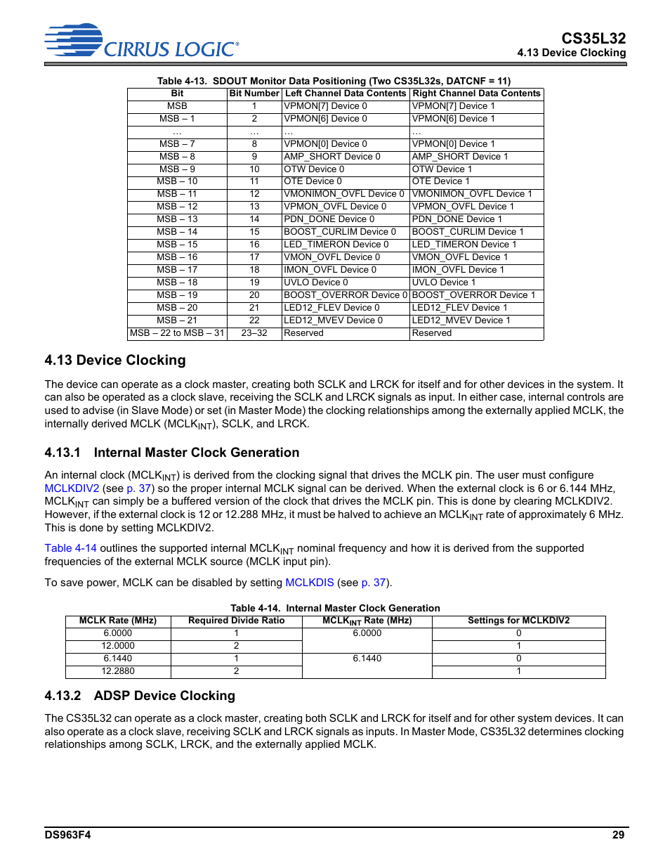 13 device clocking, 1 internal master clock generation, 2 adsp device clocking | Section 4.13, Section 4.13.1, 1440 mhz (see, Table 4-14, Device clocking, Table 4-13, Cs35l32 | Cirrus Logic CS35L32 User Manual | Page 29 / 51