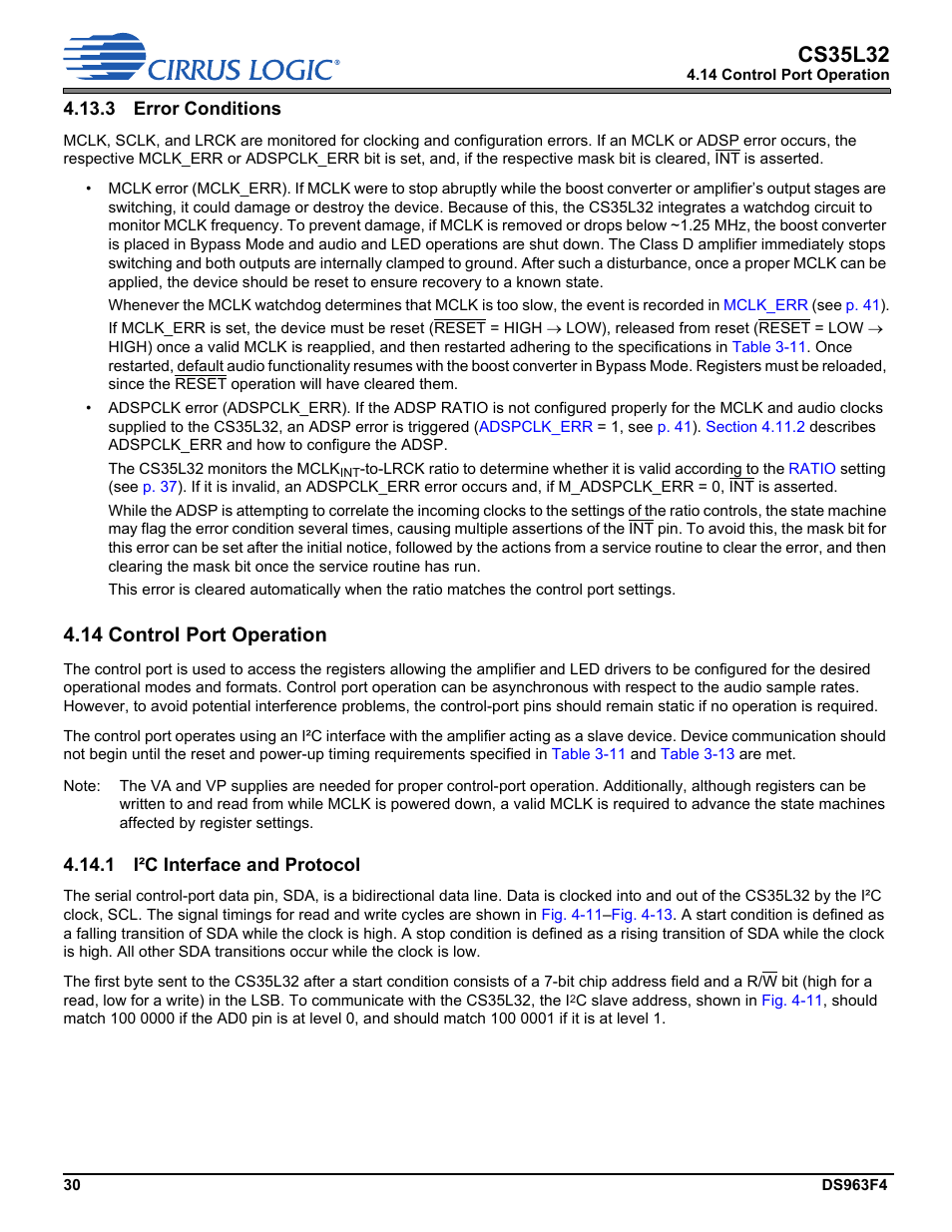 3 error conditions, 14 control port operation, 1 i²c interface and protocol | Section 4.14, Section 4.13.3, Cs35l32 | Cirrus Logic CS35L32 User Manual | Page 30 / 51