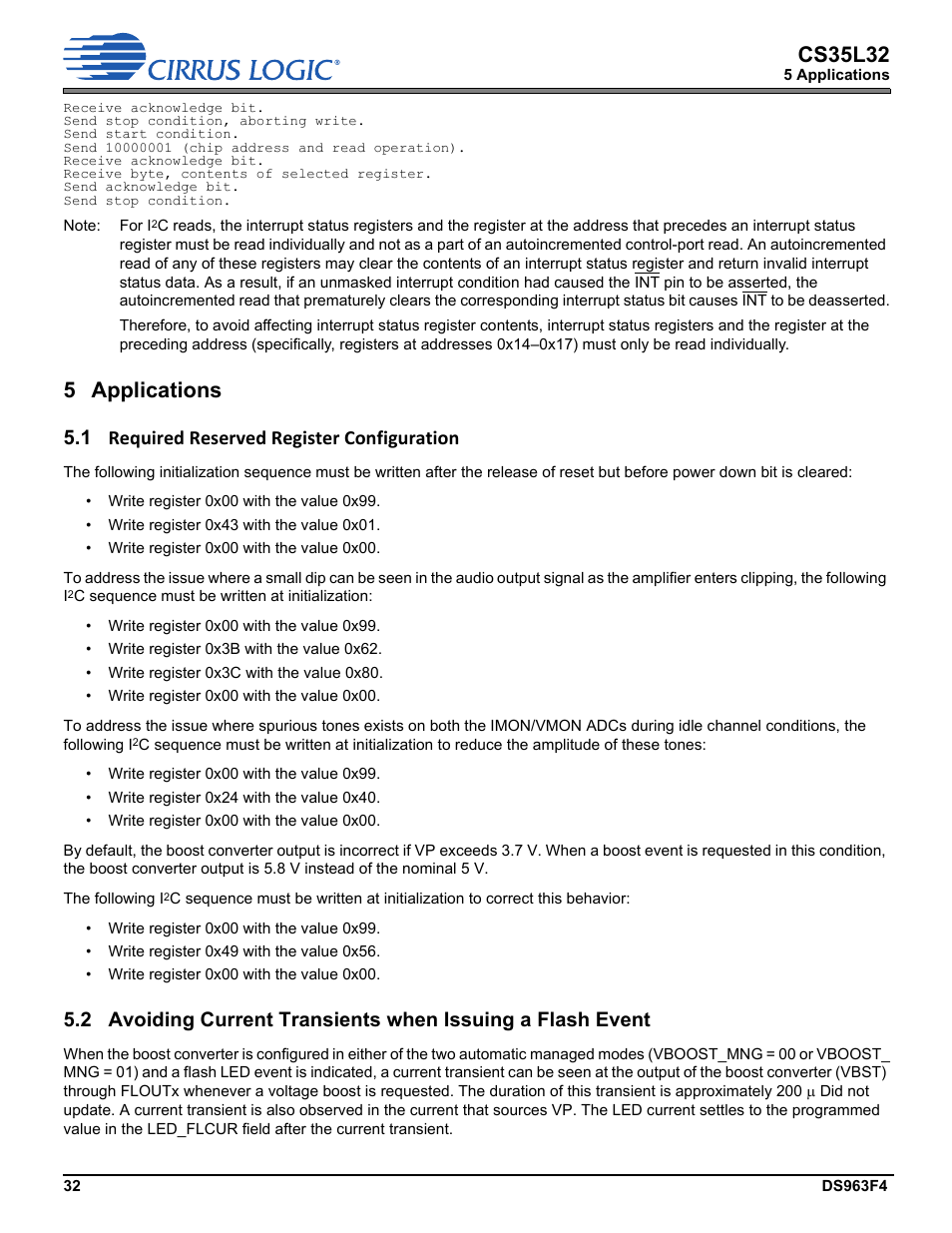 5 applications, 1 required reserved register configuration, Cs35l32 | Cirrus Logic CS35L32 User Manual | Page 32 / 51