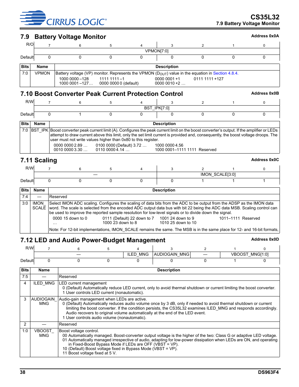 9 battery voltage monitor, 10 boost converter peak current protection control, 11 scaling | 12 led and audio power-budget management, Section 7.10, D in, Section 7.12, Modes (see, Audiogain_mng p. 38, For details) | Cirrus Logic CS35L32 User Manual | Page 38 / 51