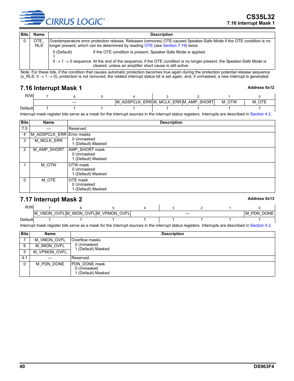 16 interrupt mask 1, 17 interrupt mask 2, Interrupt mask 1 | Section 7.16, Interrupt mask 2, Section 7.17, M_amp_short p. 40, M_ote p. 40, Ote_rls p. 40, M_otw | Cirrus Logic CS35L32 User Manual | Page 40 / 51