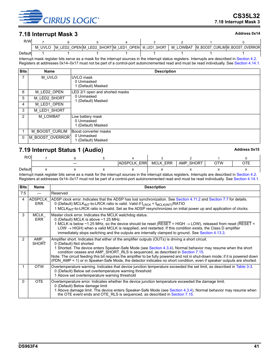 18 interrupt mask 3, 19 interrupt status 1 (audio), Interrupt status 1 (audio) | Section 7.19, Interrupt mask 3, Section 7.18, M_lowbat, P. 41, Amp_short p. 41, Ote p. 41 | Cirrus Logic CS35L32 User Manual | Page 41 / 51