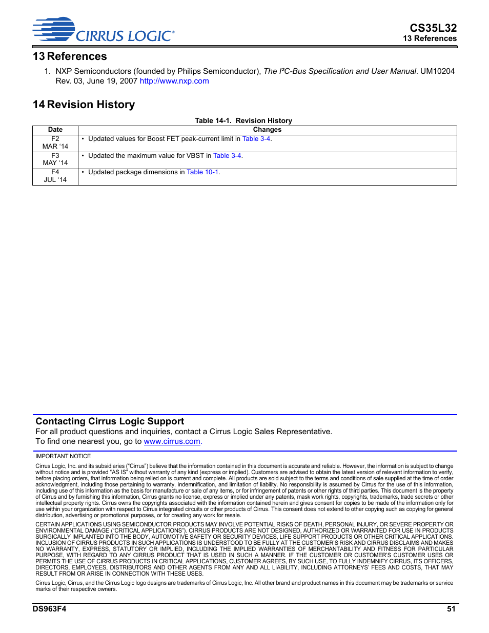 13 references, 14 revision history, 3 references | 4 revision history, Renced in, Section 13, Cs35l32, Contacting cirrus logic support | Cirrus Logic CS35L32 User Manual | Page 51 / 51